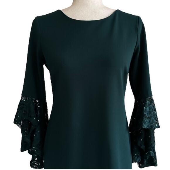 Shelby Nites Green Sequin Lace Bell Sleeve Shift Evening Dress Size 8P NEW - Picture 3 of 14